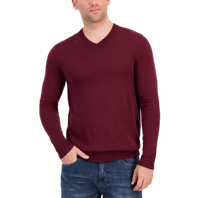 Alfani Men's Long Sleeve V Neck Merino Sweater Maroon Banner Red Large