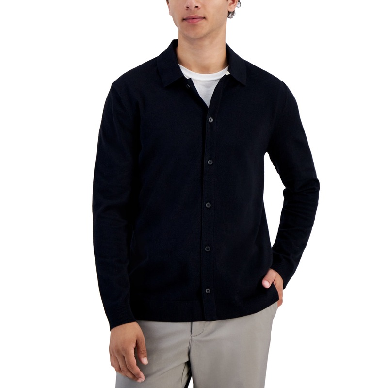 Alfani Men's Refined Regular Fit Textured Cardigan Sweater Deep Black Medium