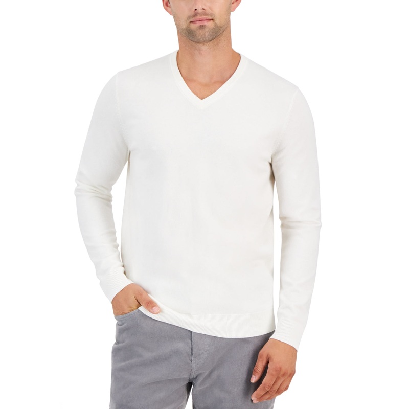 Alfani Men's Solid V Neck Cotton Long Sleeve Sweater Vanilla Ice Small