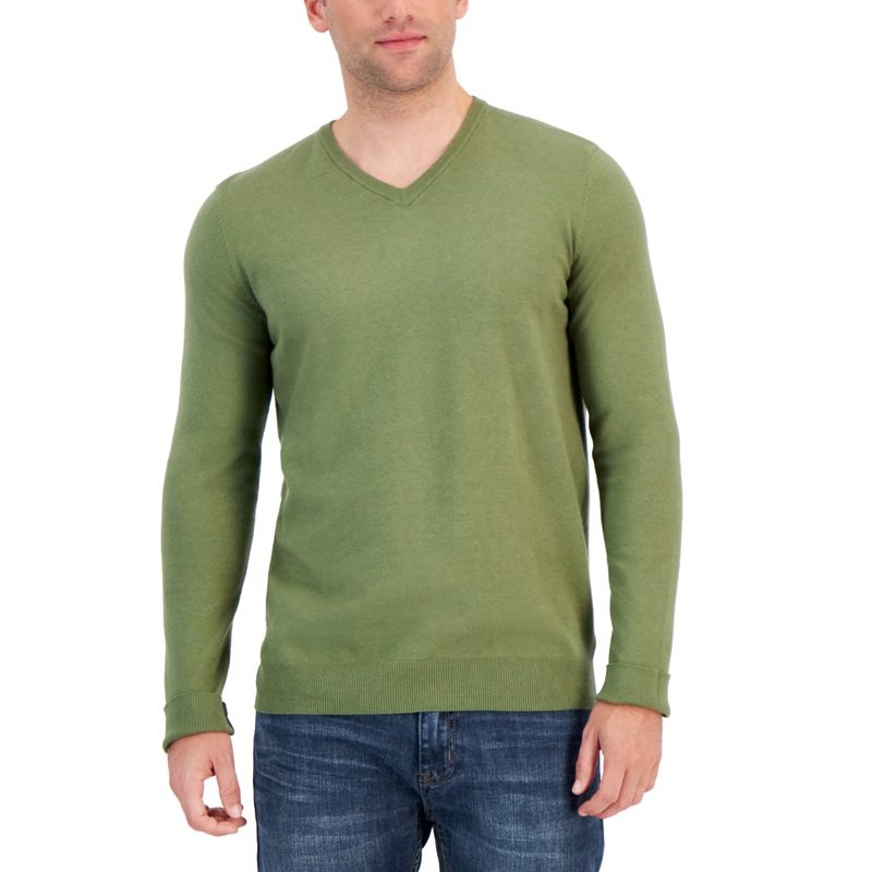 Alfani Men's Solid V Neck Cotton Sweater Military Soil Green Large