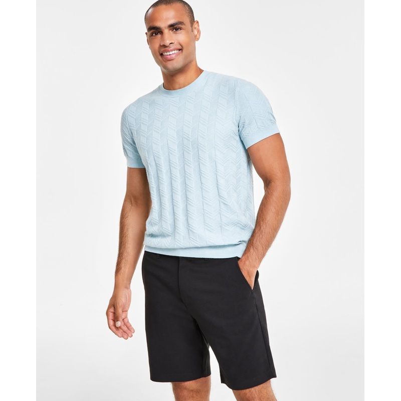 Alfani Men's Textured Herringbone Short Sleeve Crewneck Sweater Cloud Blue XL