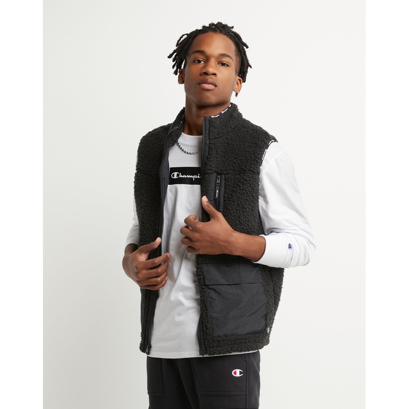 Champion Men's Cozy Standard-Fit Mixed-Media Plush Fleece Vest XXL 2XL Black