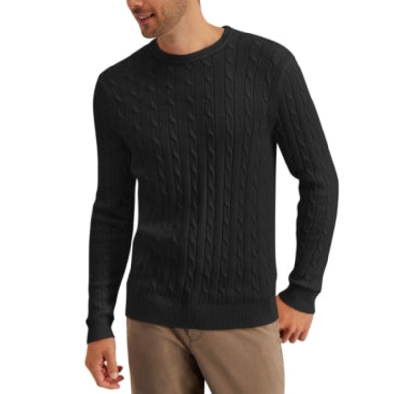 Club Room Men's Cable Knit Cotton Sweater Deep Black Medium