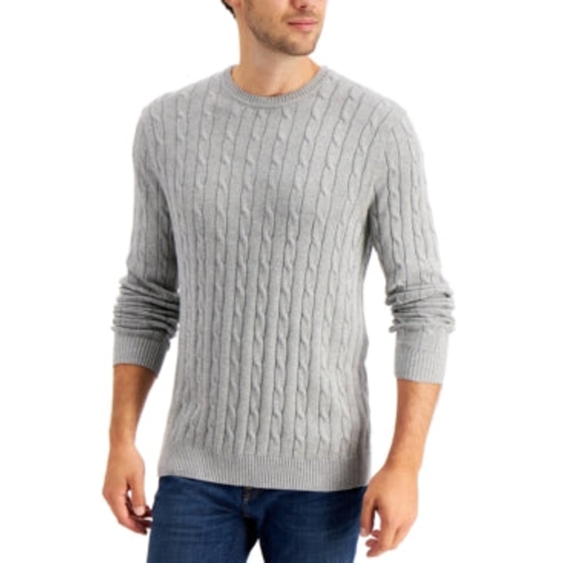 Club Room Men's Cable Knit Cotton Sweater Soft Grey Heather XL