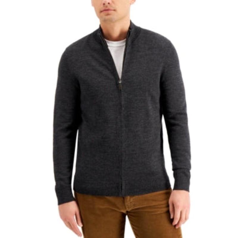 Club Room Men's Merino Full Zip-Front Sweater XL Dark Grey Heather