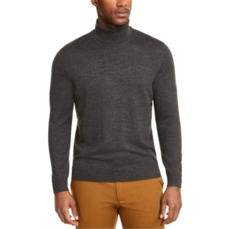 Club Room Men's Merino Wool Blend Turtleneck Sweater Ebony Heather Grey Medium