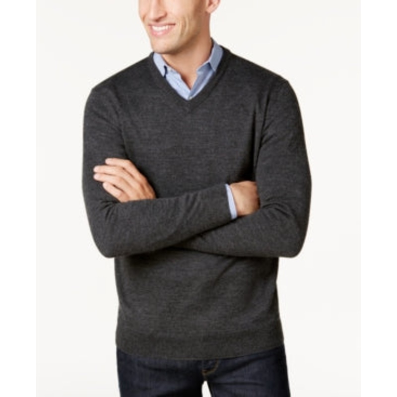 Club Room Men's Solid V Neck Merino Wool Blend Sweater Ebony Heather Grey Large