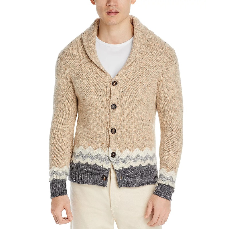 Eleventy Mens Wool & Cashmere Blend Fairisle Trim Shawl Cardigan Sweater XL Tan