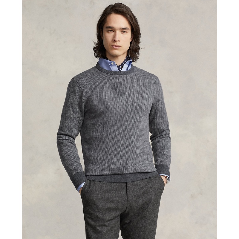 Polo Ralph Lauren Men's Herringbone Knit Wool Sweater Grey Combo Medium