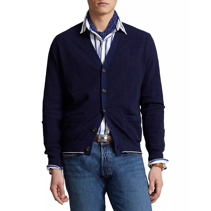 Polo Ralph Lauren Men's Textured Cotton-Linen Cardigan Sweater XL Navy Blue