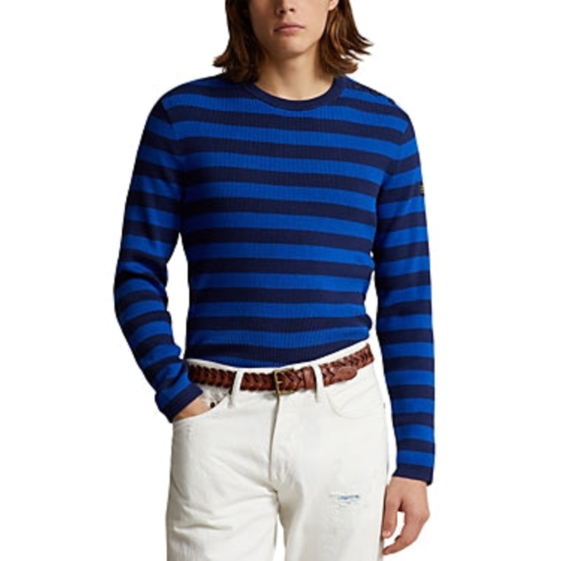 Polo Ralph Lauren Ribbed Knit Stripe Cotton Cashmere Crewneck Sweater Blue Small