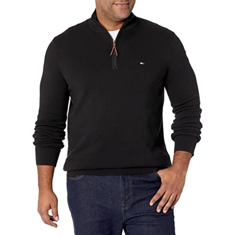 Tommy Hilfiger Men's Big Tall Quarter Zip Sweater Dark Sable Black XLT