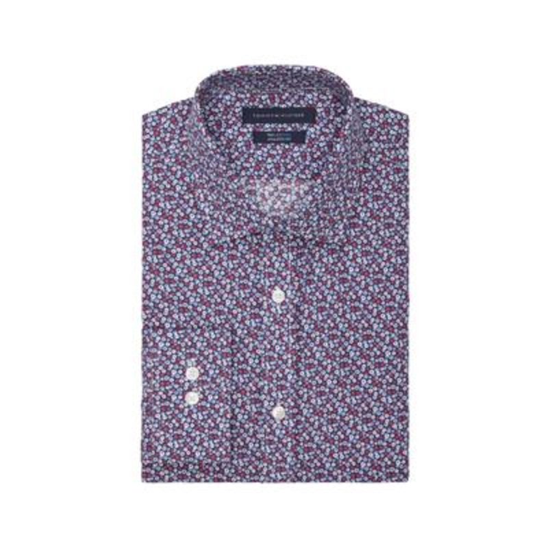 Tommy Hilfiger Men's Th Flex Cool Athletic Fit Dress Shirt Blue Red 16.5 32 33