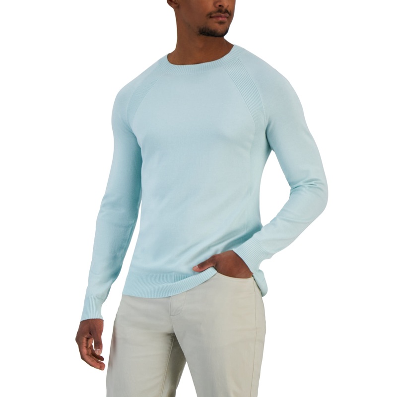 Alfani Men's Ribbed Raglan Long Sleeve Crewneck Sweater Minnow LIght Blue Large