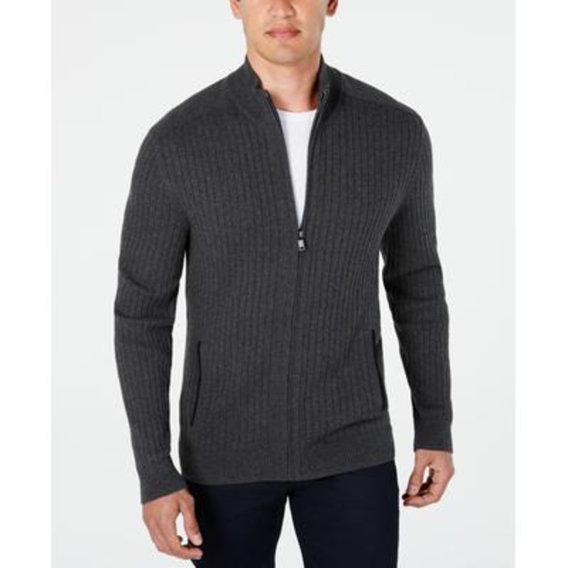Alfani Mens Ribbed Full Zip Sweater Dark Grey Large