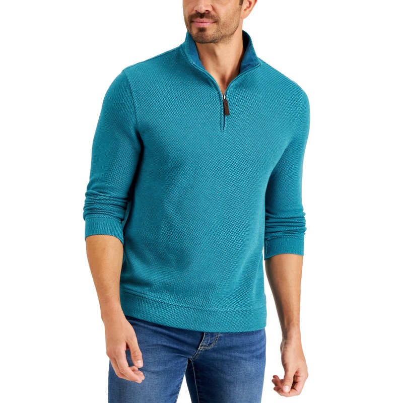 Club Room Men's Birdseye Quarter Zip Pullover Tahitian Teal Blue Large