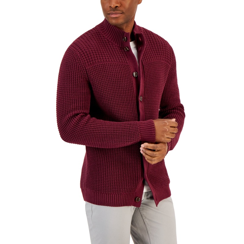 Club Room Men's Chunky Waffle Cardigan Sweater Small Red Plum
