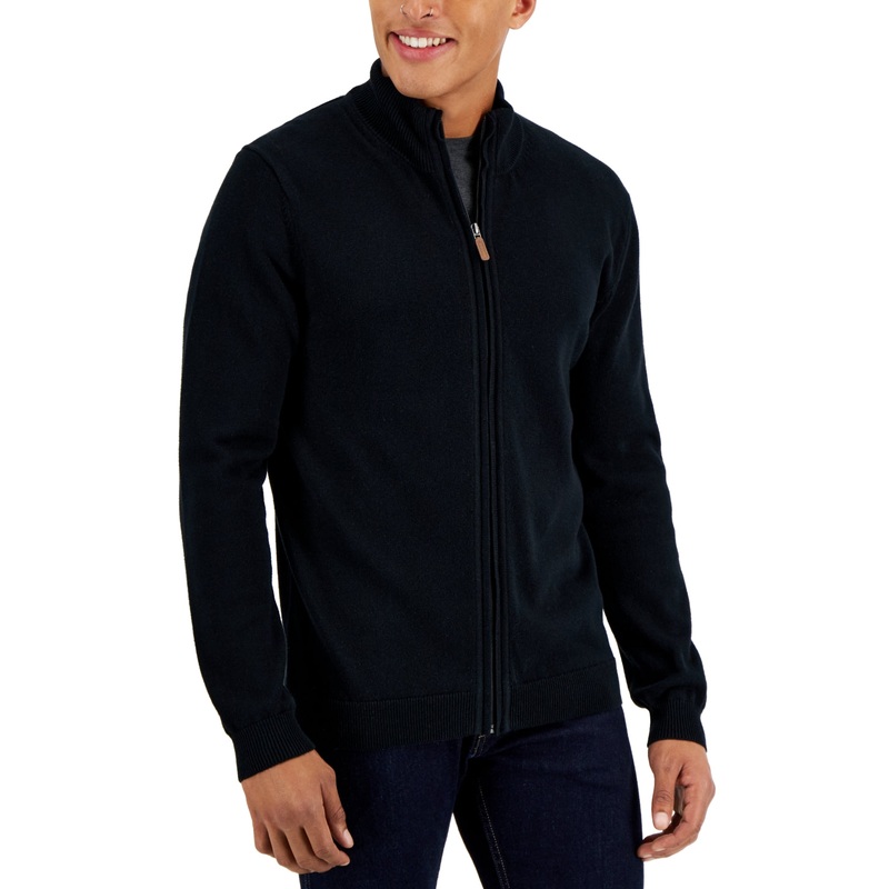Club Room Men's Full-Zip Sweater Medium Cotton Deep Black