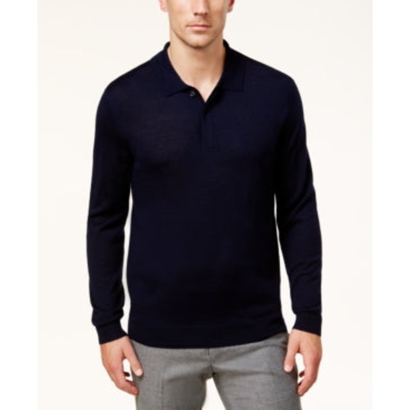 Club Room Men's Merino Wool Blend Polo Sweater Navy Blue Large