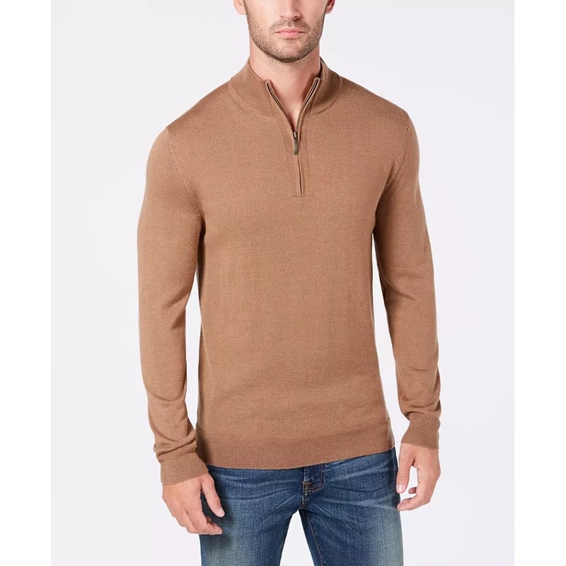 Club Room Men's Regular Fit Quarter Zip Sweater Light Brown Merino Wool XL