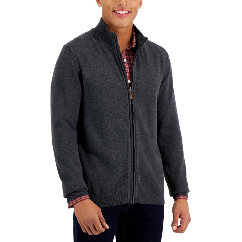 Club Room Mens Full-Zip Sweater Charcoal Heather Medium