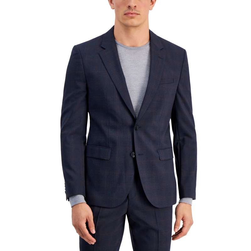 Hugo Boss Men's Modern-Fit Plaid Superflex Suit Jacket 40R Dark Blue Plaid