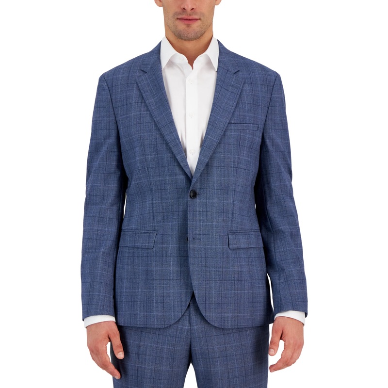 Hugo Boss Men's Modern-Fit Plaid Wool Blend Suit Jacket 36R Mid Blue Plaid