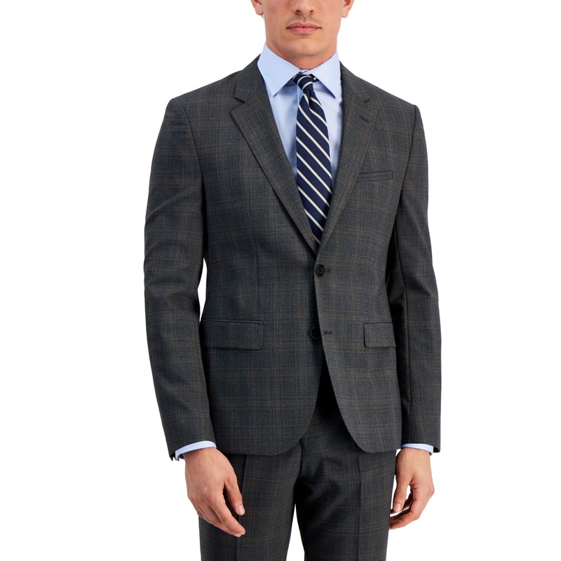 Hugo Boss Men's Modern-Fit Wool Blend Suit Jacket 42R Grey Brown Plaid