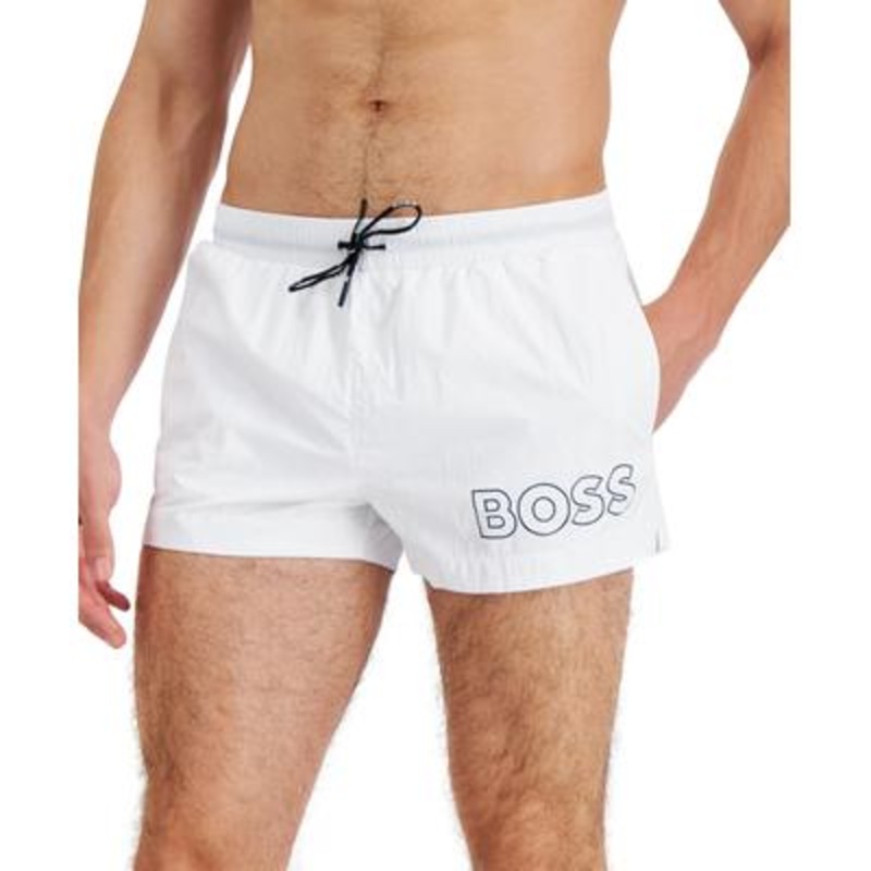 Hugo Boss Men's Mooneye Outlined Logo Drawstring 3" Swim Trunks Large White