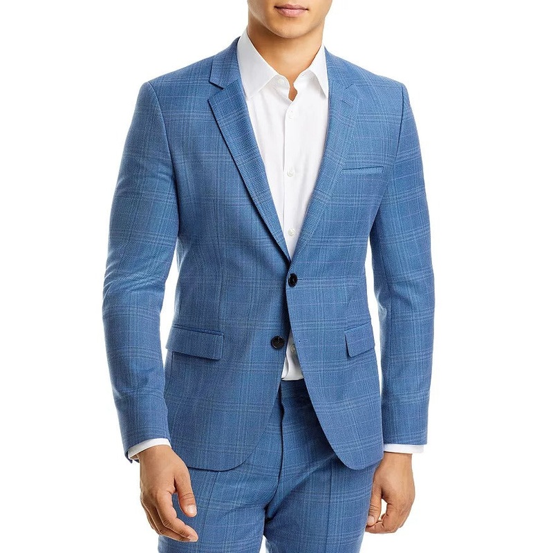 Hugo Boss Mens Arti Tonal Plaid Extra Slim Fit Suit Jacket 40R Light Blue Wool