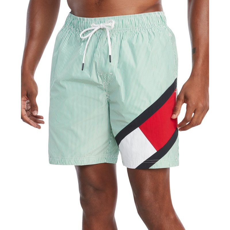 Tommy Hilfiger Men's Ithaca Striped Drawstring 7" Swim Trunks Green 2XL