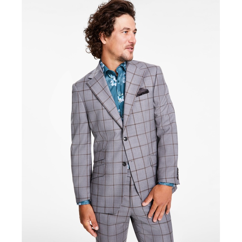 Tallia Men's Slim Fit Stretch Windowpane Sport Coat Blazer Grey Brown Window 46R