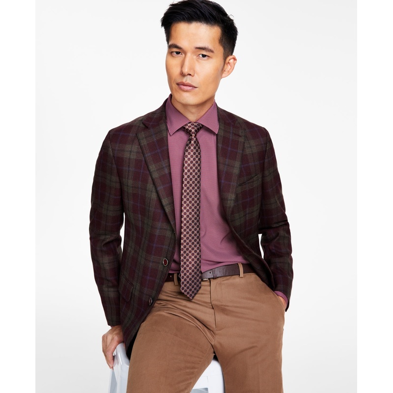Tallia Men's Slim Fit Wool Blend Printed Sport Coat Blazer Burgundy Red 38S