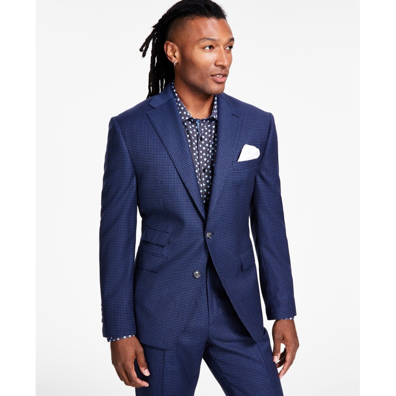 Tayion Collection Men's Classic Fit Stretch Suit Jacket Navy Houndstooth 42S