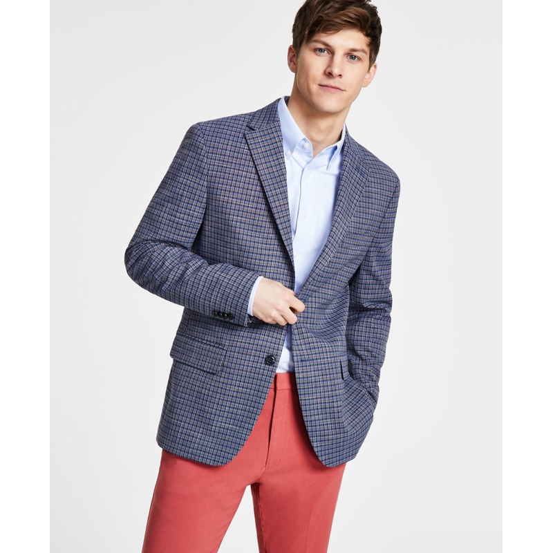 Tommy Hilfiger Mens Modern Fit Blue Brown Check Sport Coat 40R