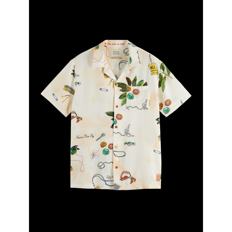 Scotch Soda Men's Print Short Sleeve Camp Shirt White Size XL