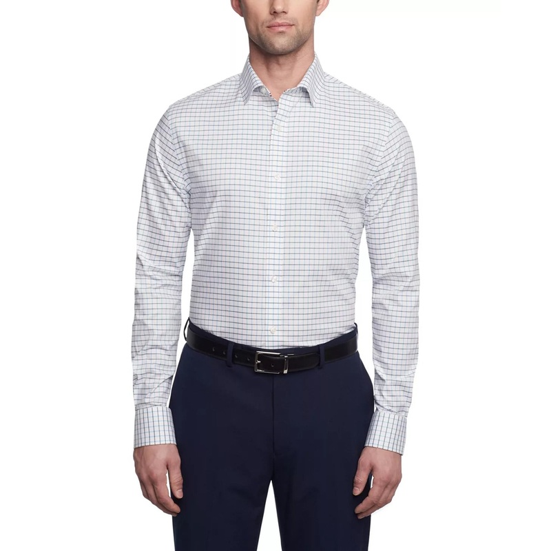 Tomy Hilfiger Men's Slim Fit Blue Check Stretch Oxford Dress Shirt 17 34 35