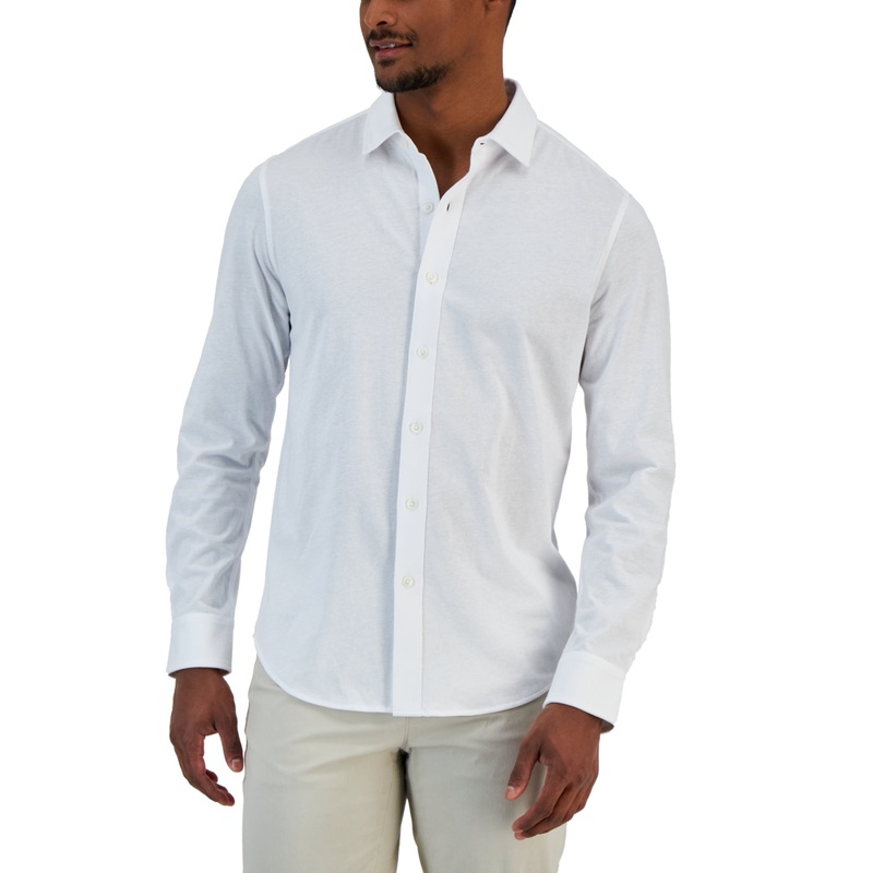 Alfani Men's Heathered Jersey-Knit Button-Down Shirt Small Bright White