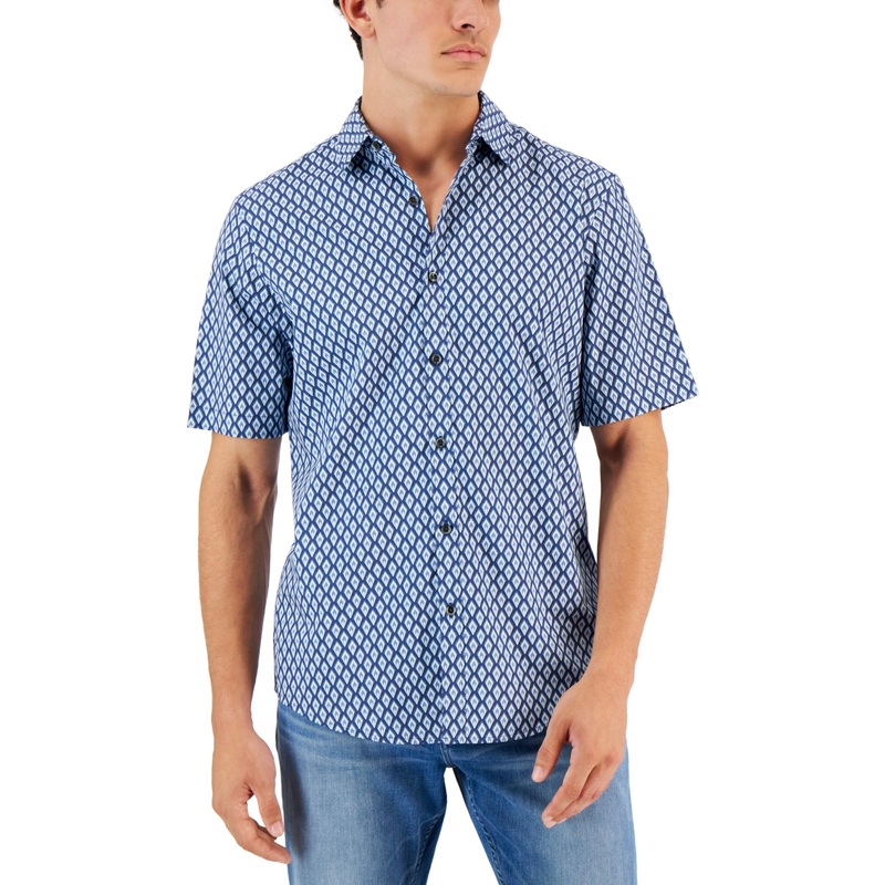 Alfani Men's Llama Geo Print Short Sleeve Button Down Shirt Blue 2XL