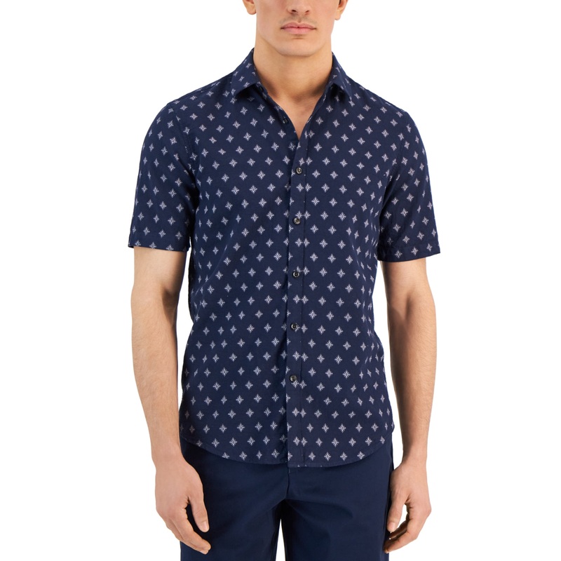 Alfani Men's Mecca Classic Fit Medallion Print Button Down Shirt Navy 2XL