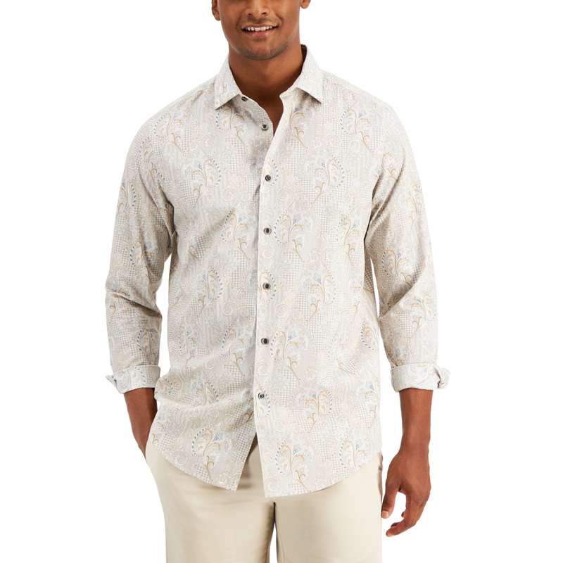Alfani Men's Regular Fit Stretch Paisley Shirt Button Down Shirt Grey Medium