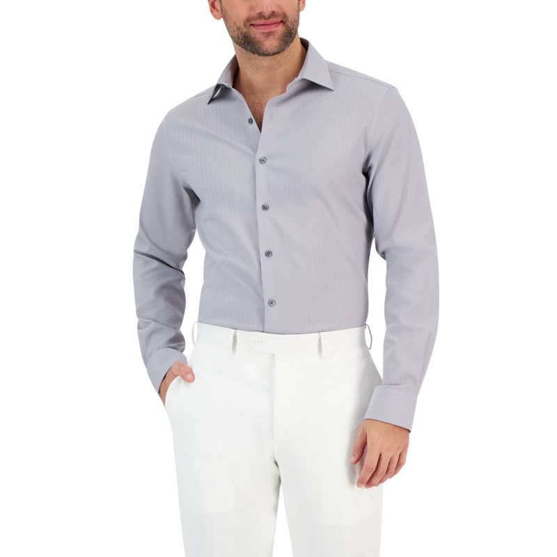 Alfani Men's Slim Fit Herringbone Button Down Dress Shirt Grey 15  15 5 32 33