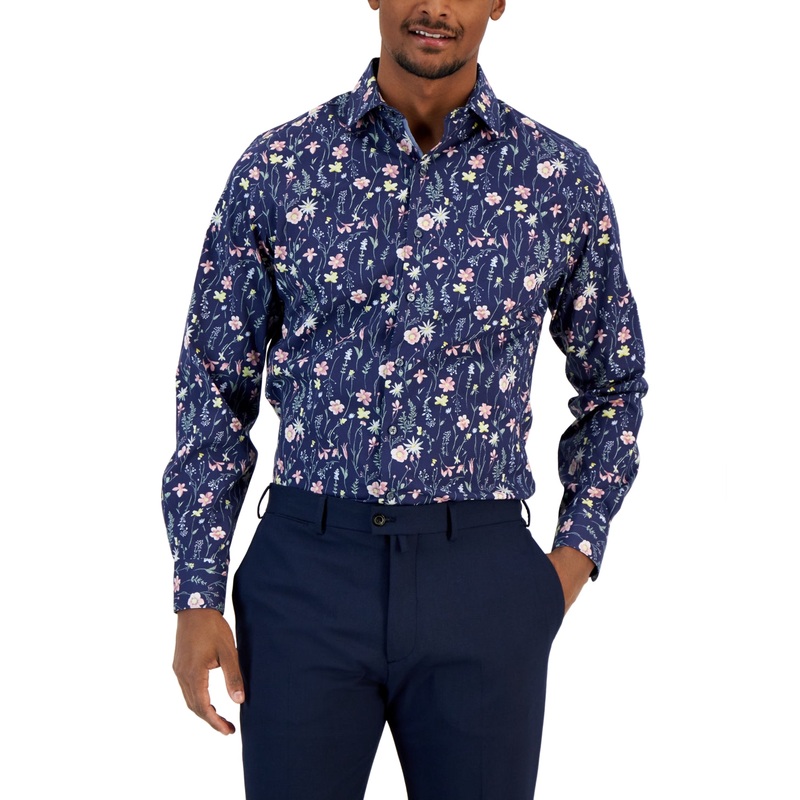 Bar Iii Men's Slim Fit Floral Print Button Down Dress Shirt Blue Medium