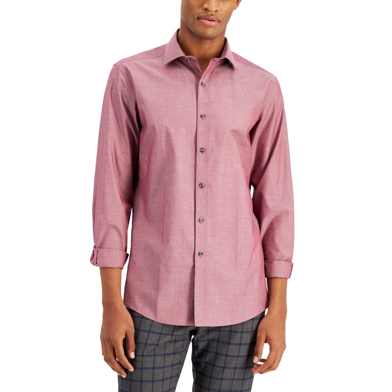 Bar Iii Men's Slim Fit Performance Stretch Solid Chambray Dress Shirt Red Medium