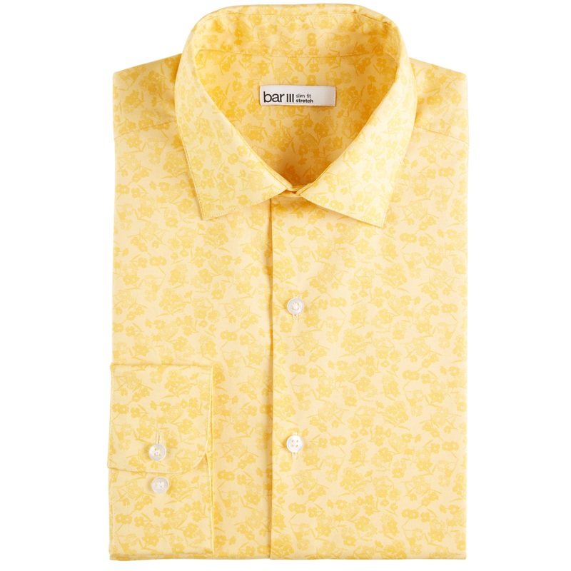 Bar III Mens Organic Cotton Slim Fit Button Down Shirt Yellow Small