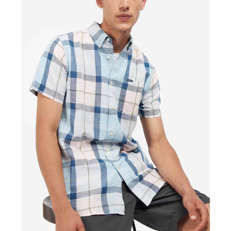 Barbour Men's Angus Tailored Plaid Short Sleeve Shirt Pink Salt Tartan Small