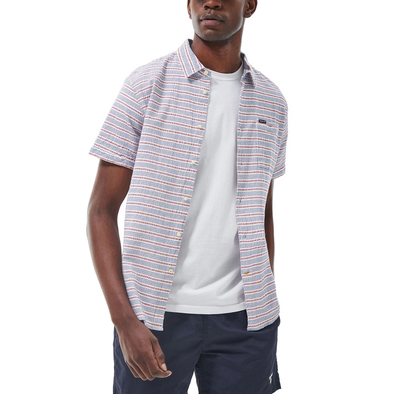 Barbour Men's Newquay Tailored Seersucker Short Sleeve Shirt Navy Red 2XL