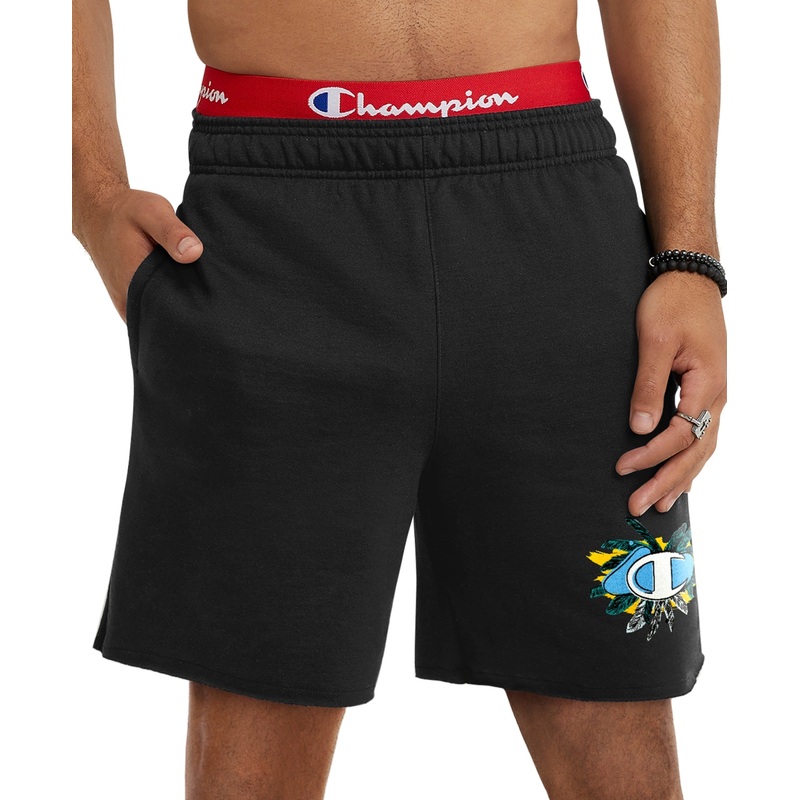 Champion Men's Powerblend Standard Fit Logo Print 7" Fleece Shorts Black XL