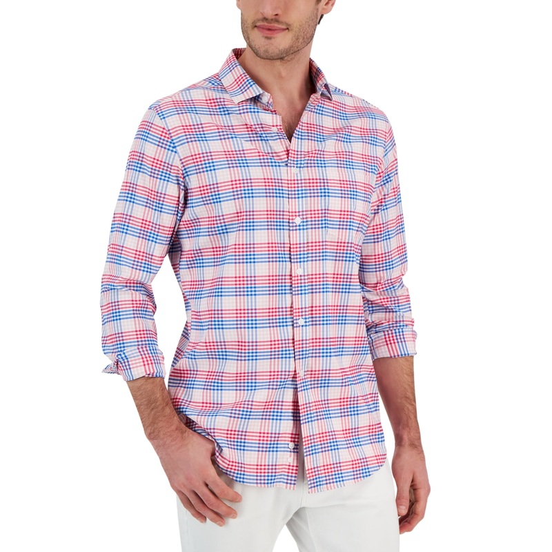 Club Room Men's Malia Classic Fit Plaid Button Down Tech Shirt Pink Blue Large