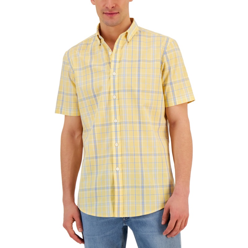 Club Room Men's Short Sleeve Button Down Printed Shirt Yellow Combo XL